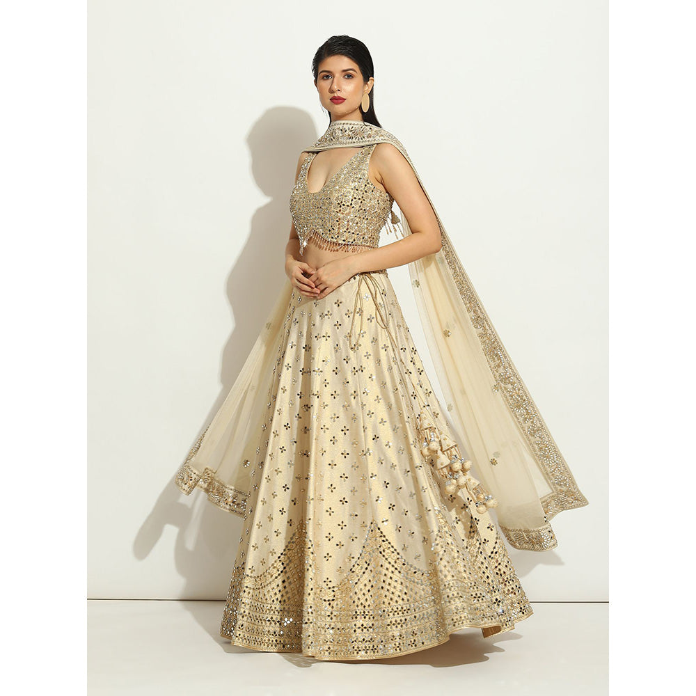 VANDANA SETHI Ivory Shimmer Lehenga in Raw Silk with a Sleeveless Blouse (Set of 3)