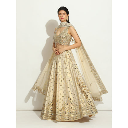 VANDANA SETHI Ivory Shimmer Lehenga in Raw Silk with a Sleeveless Blouse (Set of 3)