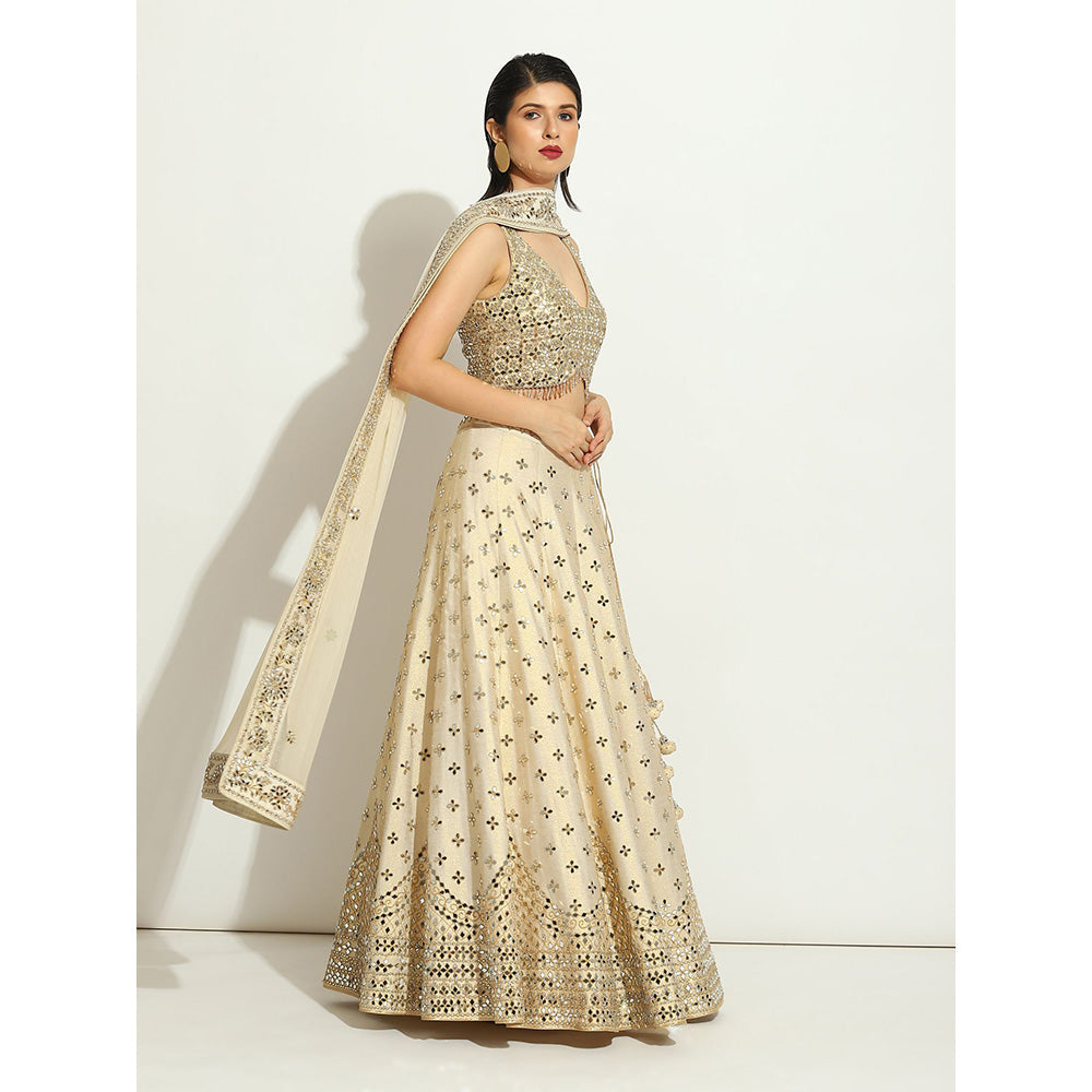 VANDANA SETHI Ivory Shimmer Lehenga in Raw Silk with a Sleeveless Blouse (Set of 3)