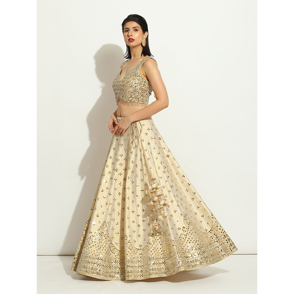 VANDANA SETHI Ivory Shimmer Lehenga in Raw Silk with a Sleeveless Blouse (Set of 3)