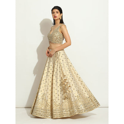 VANDANA SETHI Ivory Shimmer Lehenga in Raw Silk with a Sleeveless Blouse (Set of 3)