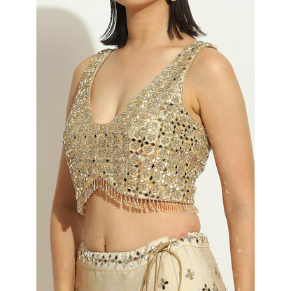 VANDANA SETHI Ivory Shimmer Lehenga in Raw Silk with a Sleeveless Blouse (Set of 3)