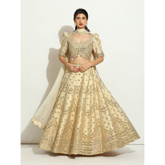 VANDANA SETHI Mirror Work Lehenga on an Ivory Shimmer Raw Silk (Set of 3)