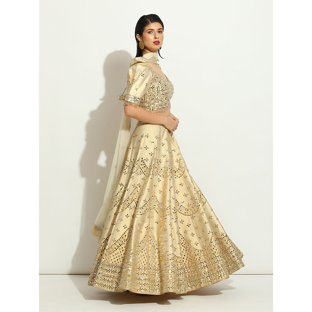 VANDANA SETHI Mirror Work Lehenga on an Ivory Shimmer Raw Silk (Set of 3)