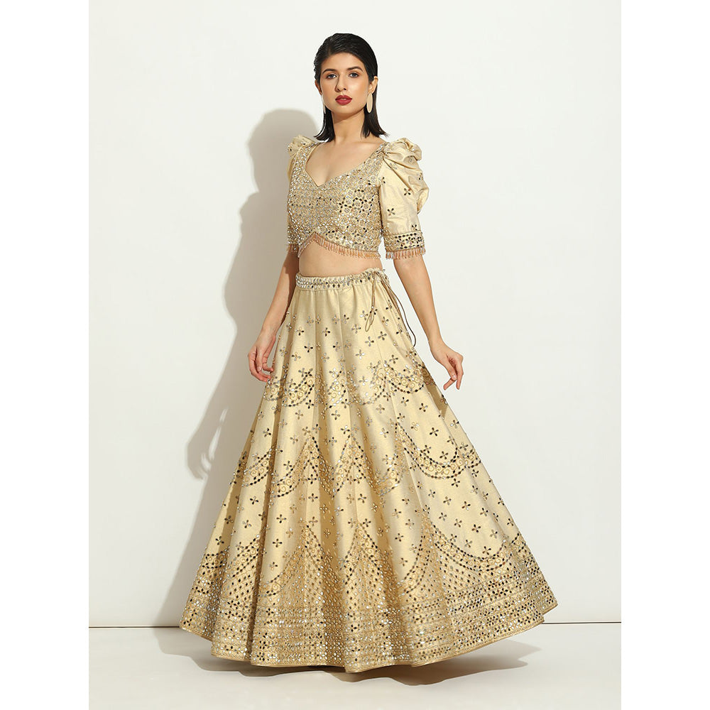 VANDANA SETHI Mirror Work Lehenga on an Ivory Shimmer Raw Silk (Set of 3)
