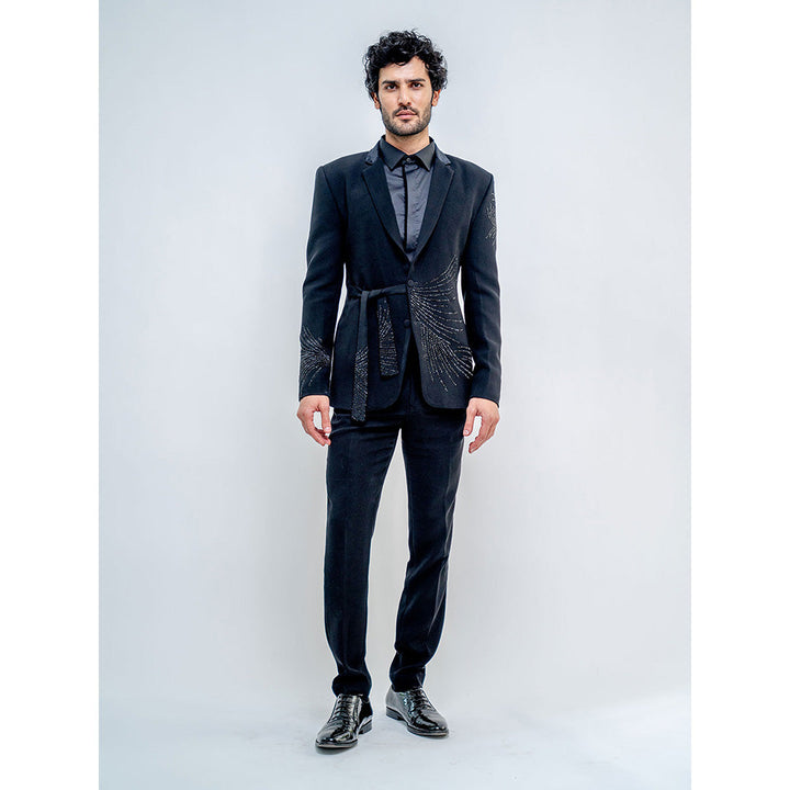 Varun Chakkilam Black metallic wrap style stroked Suit (Set of 3)