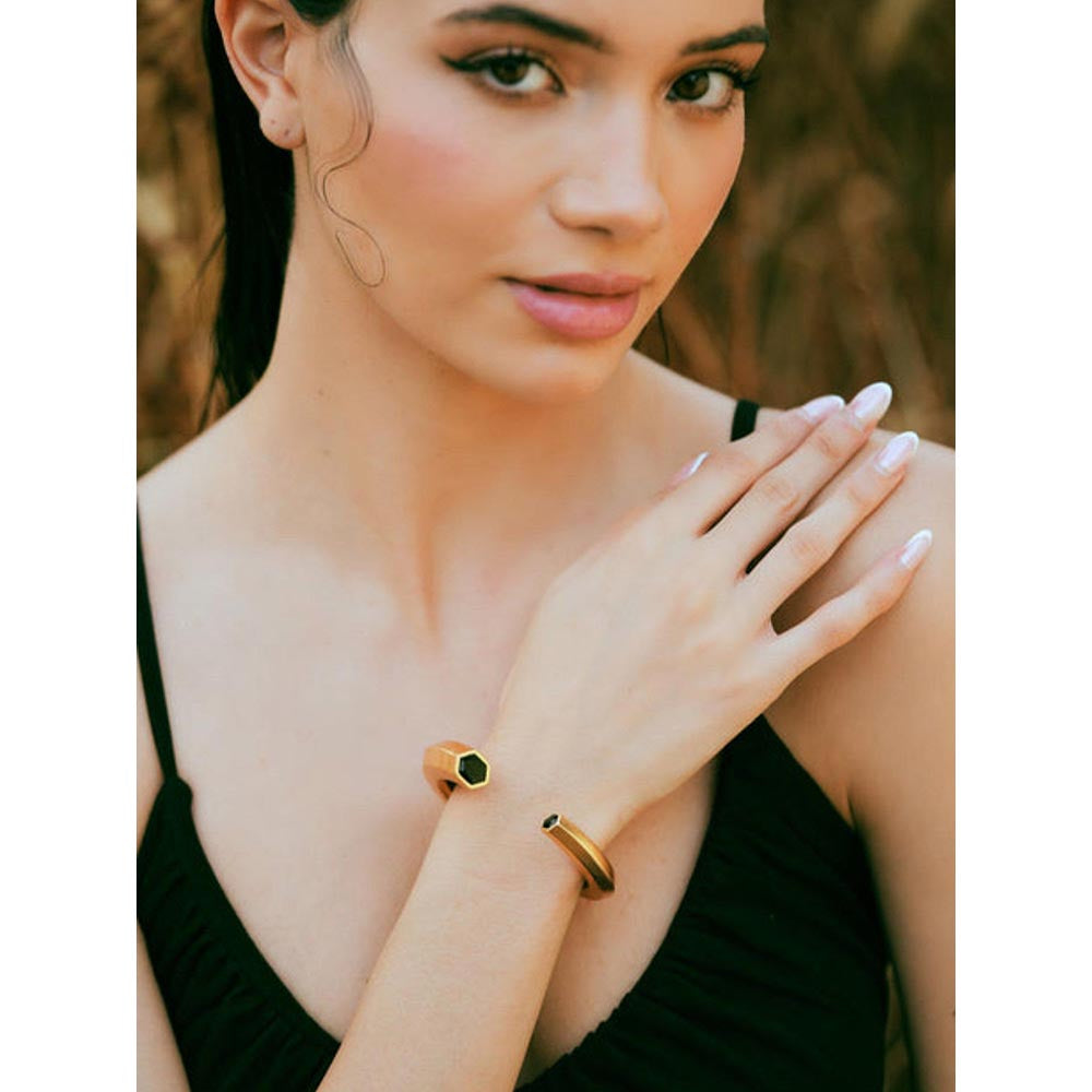 VARNIKA ARORA Hexa Black Enamel Gold Cuff