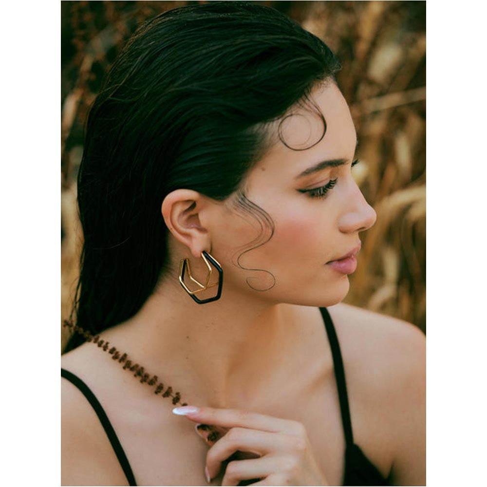 VARNIKA ARORA Small Trio Black Enamel Gold Hoops