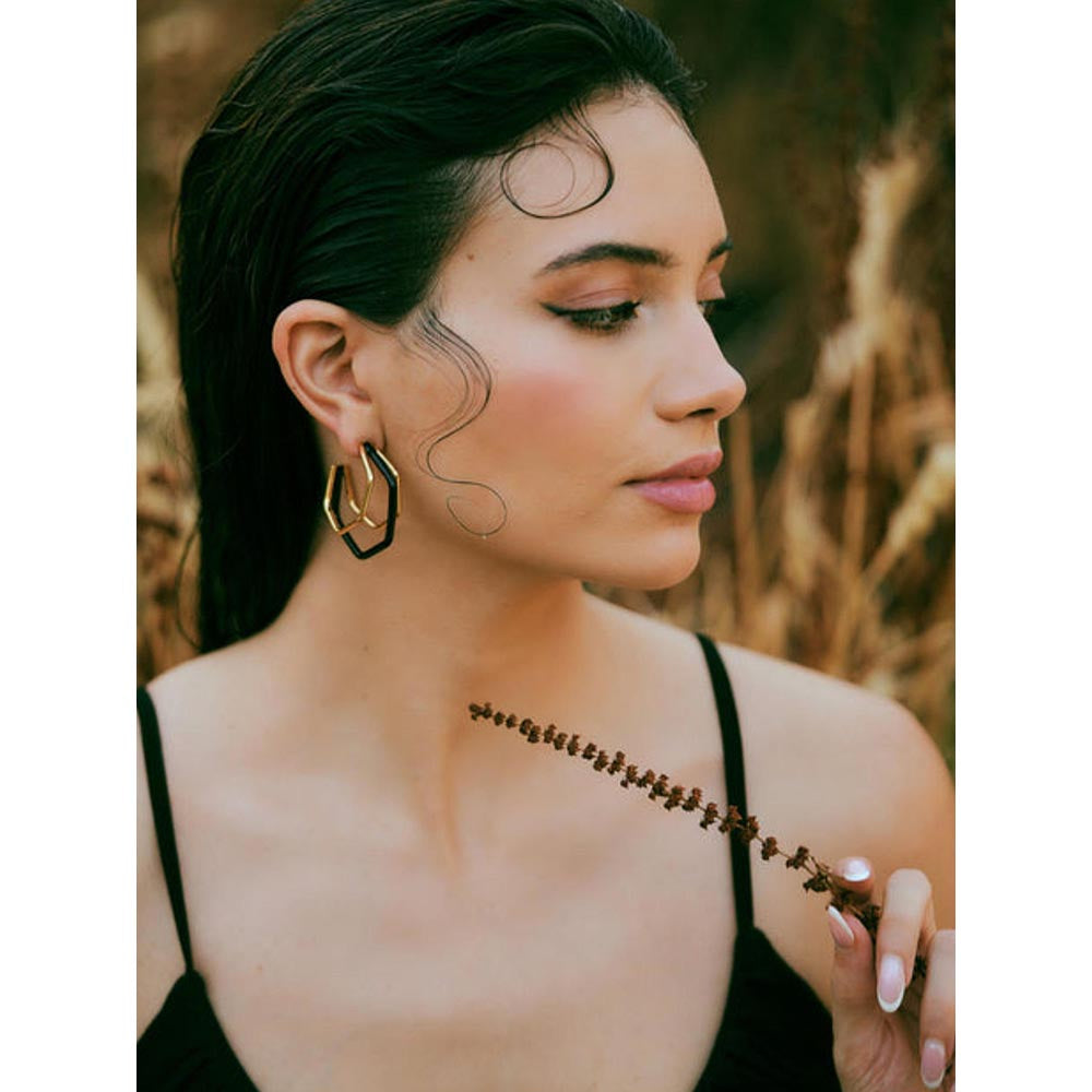 VARNIKA ARORA Small Trio Black Enamel Gold Hoops