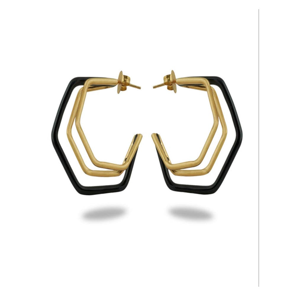VARNIKA ARORA Small Trio Black Enamel Gold Hoops