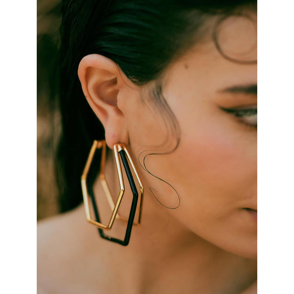 VARNIKA ARORA Trio Black Enamel Gold Hoops