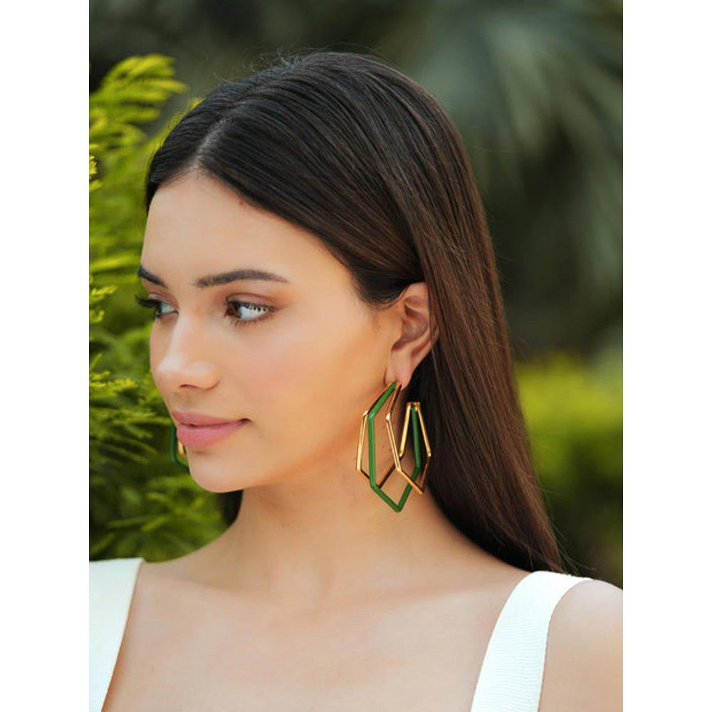 VARNIKA ARORA Xl Trio Green Enamel Gold Hoops