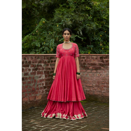 Vashisht Guru Dutt Coral Embroidered Anarkali with Sharara and Dupatta (Set of 3)