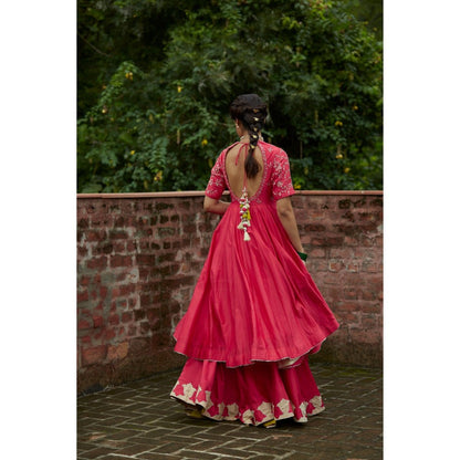 Vashisht Guru Dutt Coral Embroidered Anarkali with Sharara and Dupatta (Set of 3)