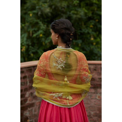 Vashisht Guru Dutt Coral Embroidered Anarkali with Sharara and Dupatta (Set of 3)