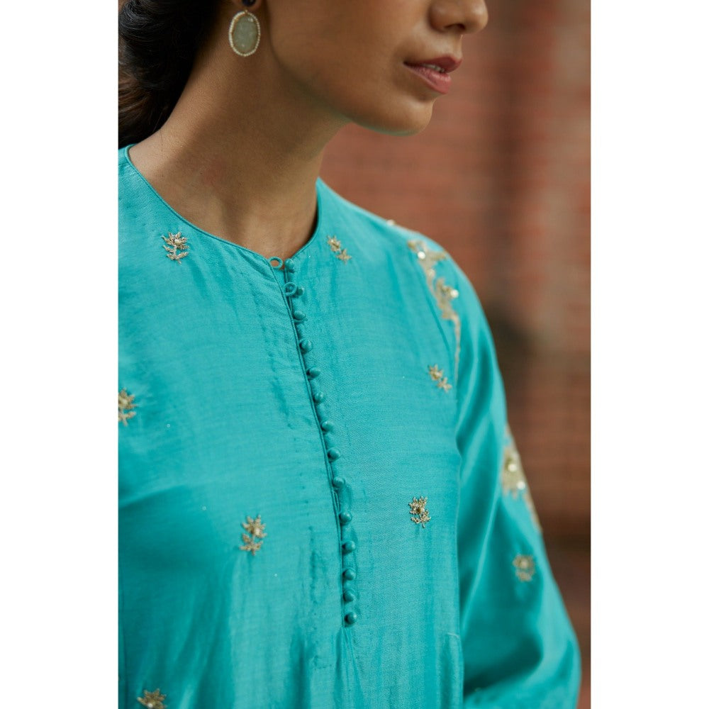 Vashisht Guru Dutt Blue Embroidered Panelled Short Kurta with Pant and Dupatta (Set of 3)