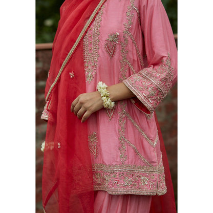 Vashisht Guru Dutt Pink Raw Silk Panelled Kurta with Salwar and Dupatta (Set of 3)