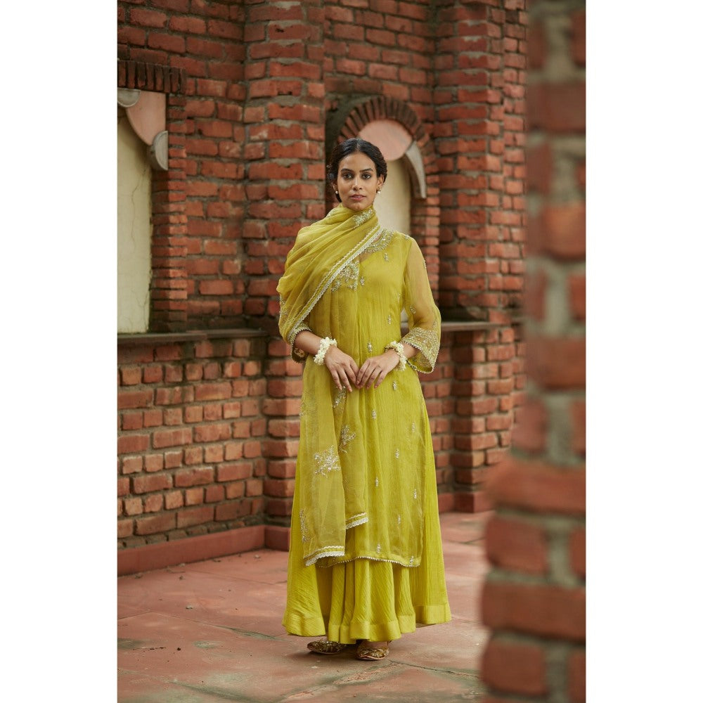 Vashisht Guru Dutt Green Silk Embroidered Kurta with Palazzo and Dupatta (Set of 3)