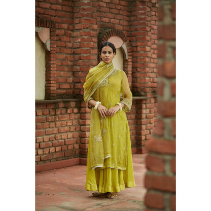 Vashisht Guru Dutt Green Silk Embroidered Kurta with Palazzo and Dupatta (Set of 3)