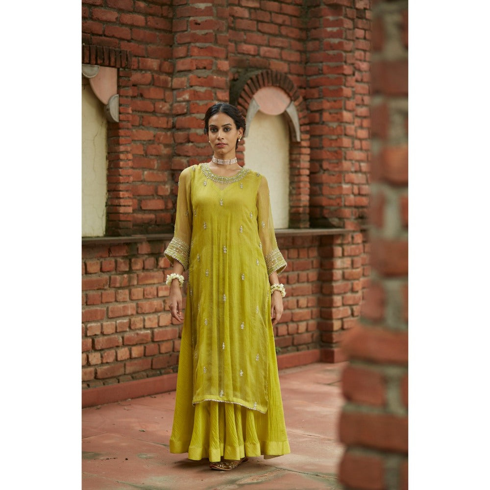 Vashisht Guru Dutt Green Silk Embroidered Kurta with Palazzo and Dupatta (Set of 3)