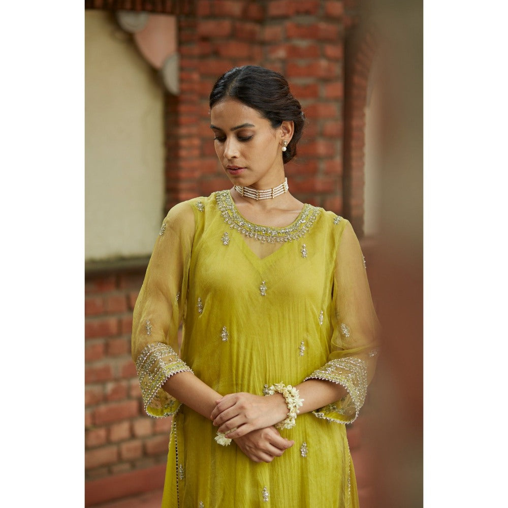 Vashisht Guru Dutt Green Silk Embroidered Kurta with Palazzo and Dupatta (Set of 3)