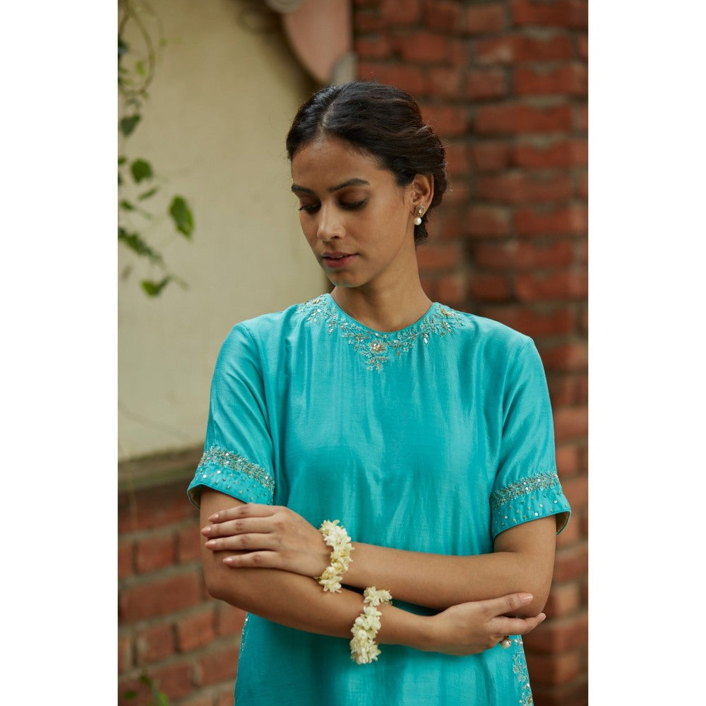 Vashisht Guru Dutt Blue Chanderi Embroidered Kurta with Palazzo (Set of 3)