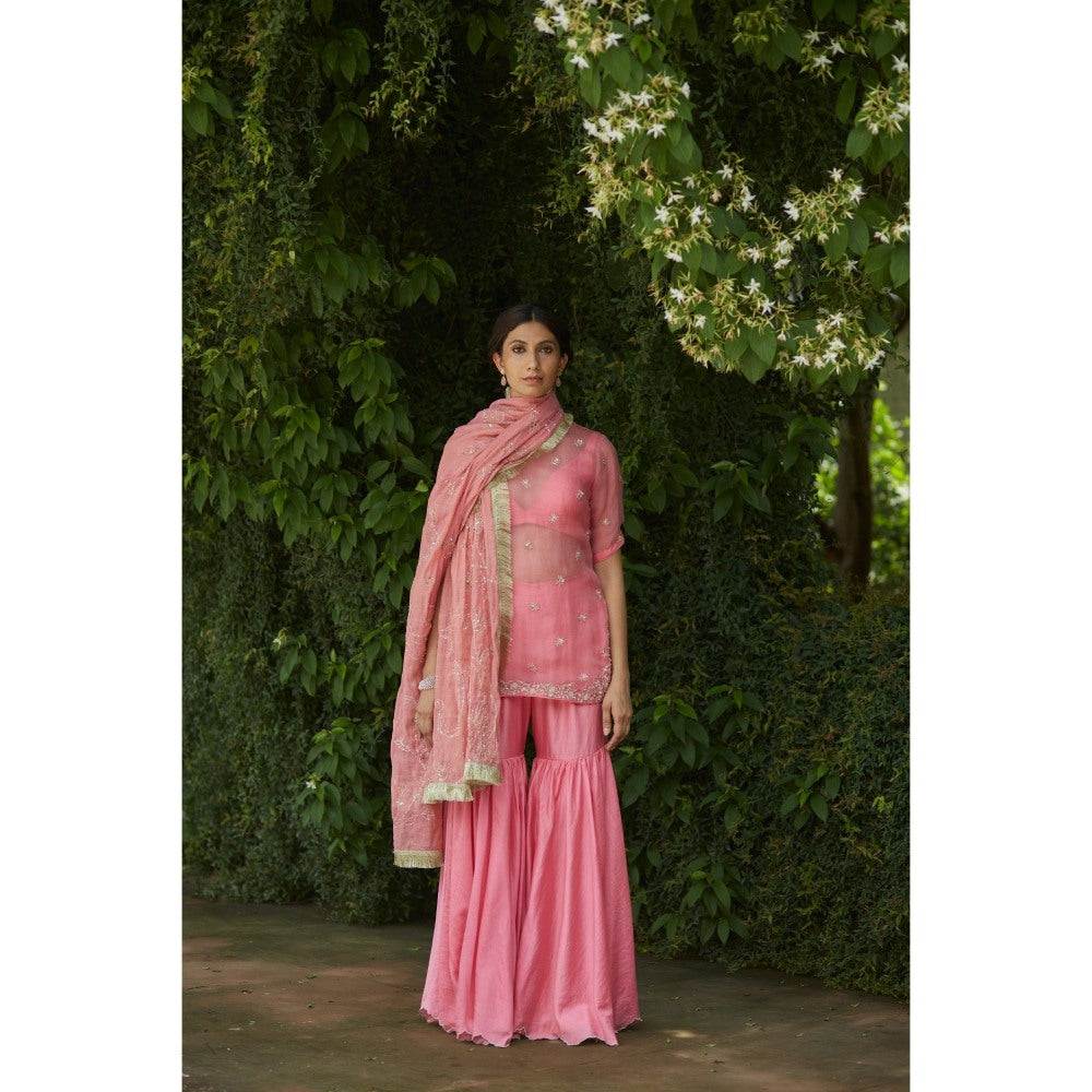 Vashisht Guru Dutt Pink Embroidered Kurta with Sharara, Bustier and Dupatta (Set of 4)