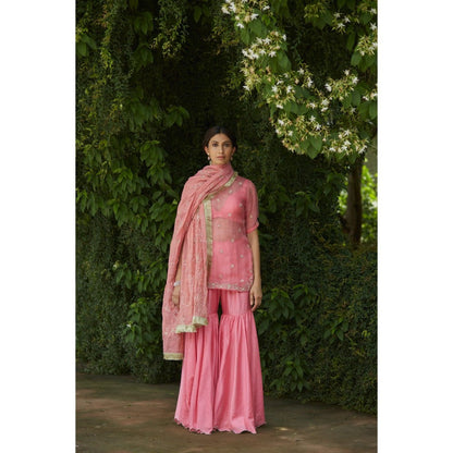 Vashisht Guru Dutt Pink Embroidered Kurta with Sharara, Bustier and Dupatta (Set of 4)