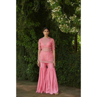 Vashisht Guru Dutt Pink Embroidered Kurta with Sharara, Bustier and Dupatta (Set of 4)