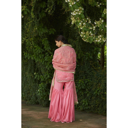 Vashisht Guru Dutt Pink Embroidered Kurta with Sharara, Bustier and Dupatta (Set of 4)