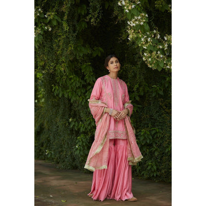 Vashisht Guru Dutt Pink Embroidered Kurta with Sharara and Silk Dupatta (Set of 3)