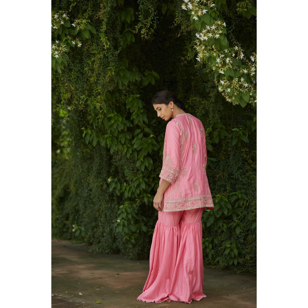 Vashisht Guru Dutt Pink Embroidered Kurta with Sharara and Silk Dupatta (Set of 3)