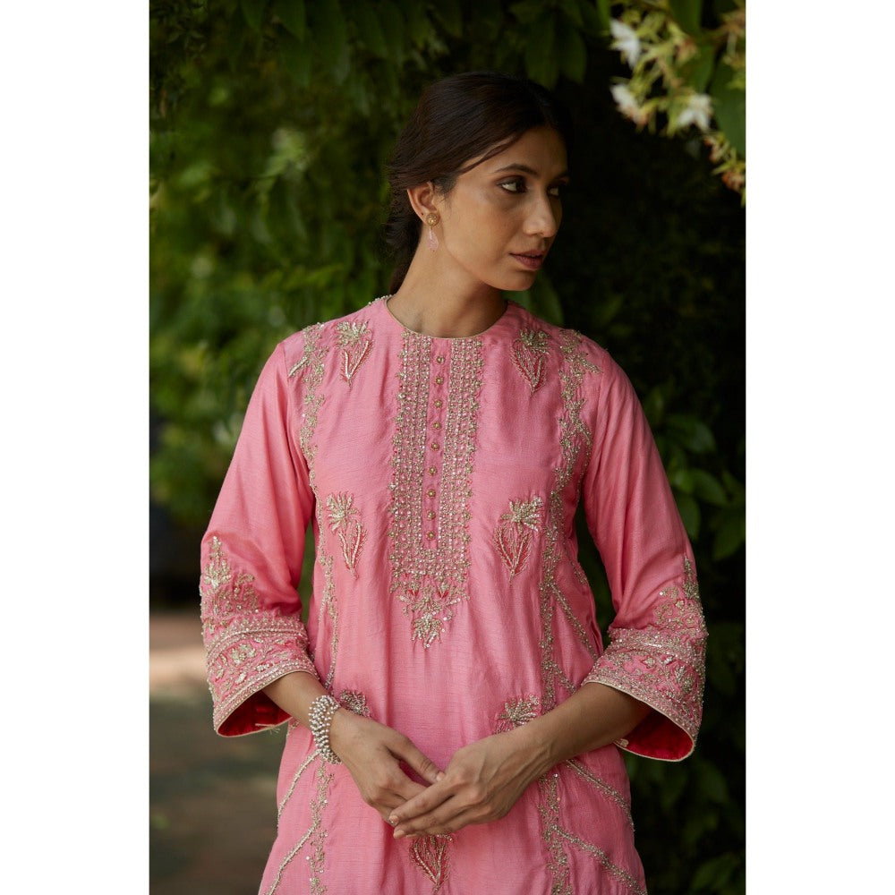Vashisht Guru Dutt Pink Embroidered Kurta with Sharara and Silk Dupatta (Set of 3)