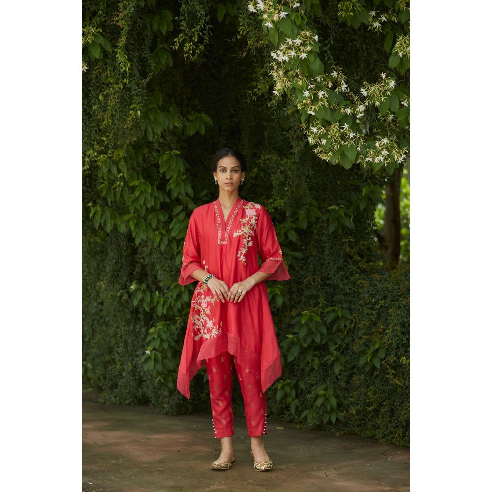 Vashisht Guru Dutt Coral Chanderi Embroidered Kurta with Pant (Set of 2)