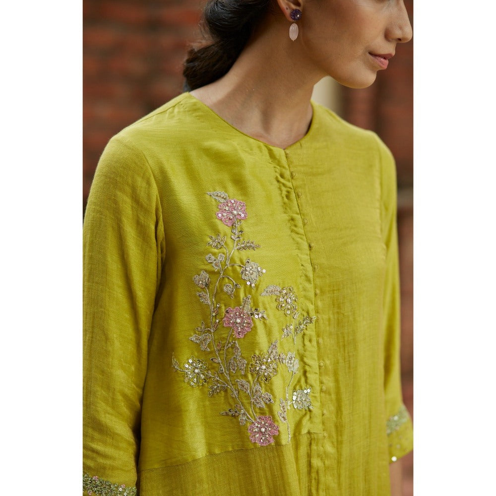 Vashisht Guru Dutt Olive Chanderi Embroidered Kurta with Dhoti (Set of 2)
