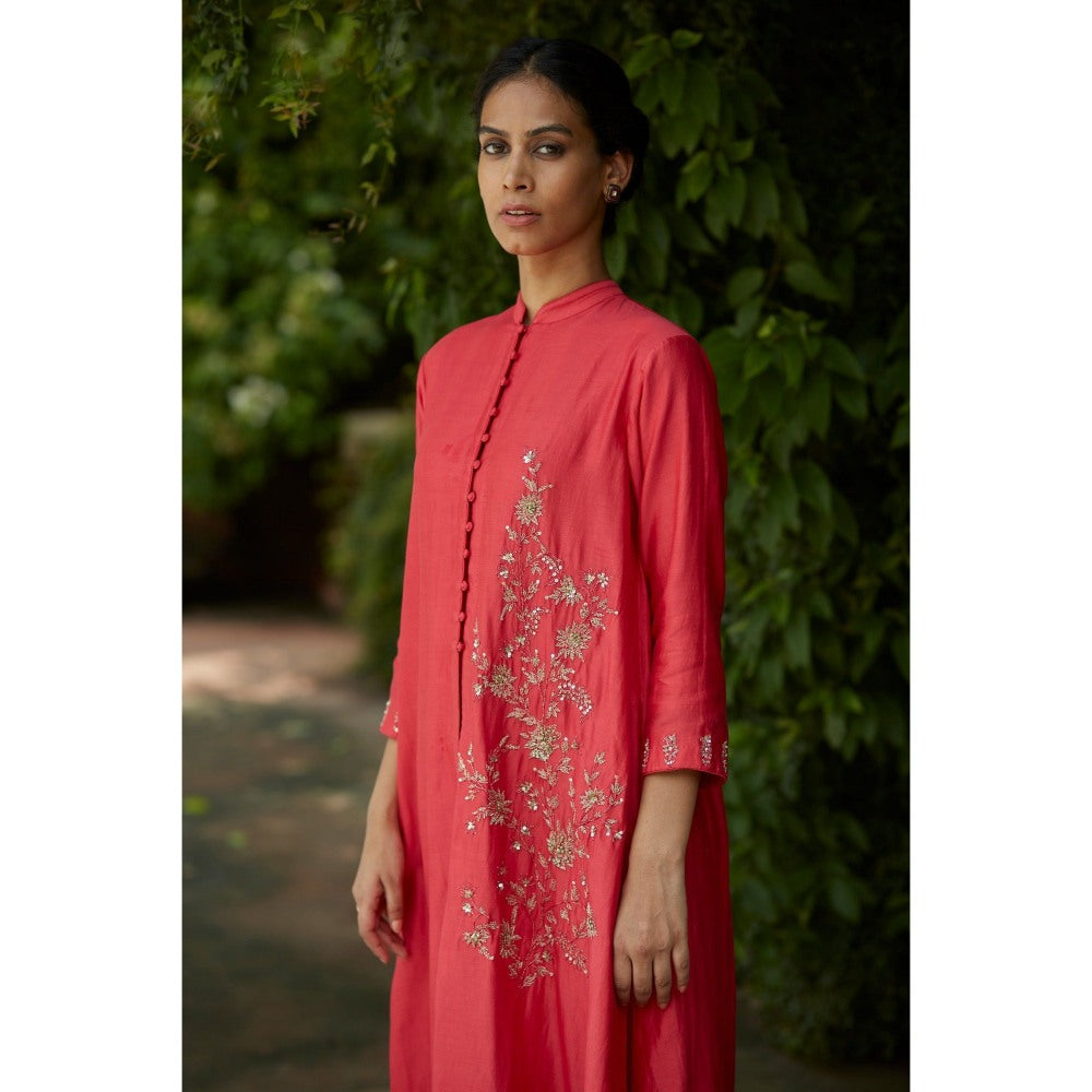 Vashisht Guru Dutt Coral Chanderi Embroidered Kurta with Dhoti (Set of 2)