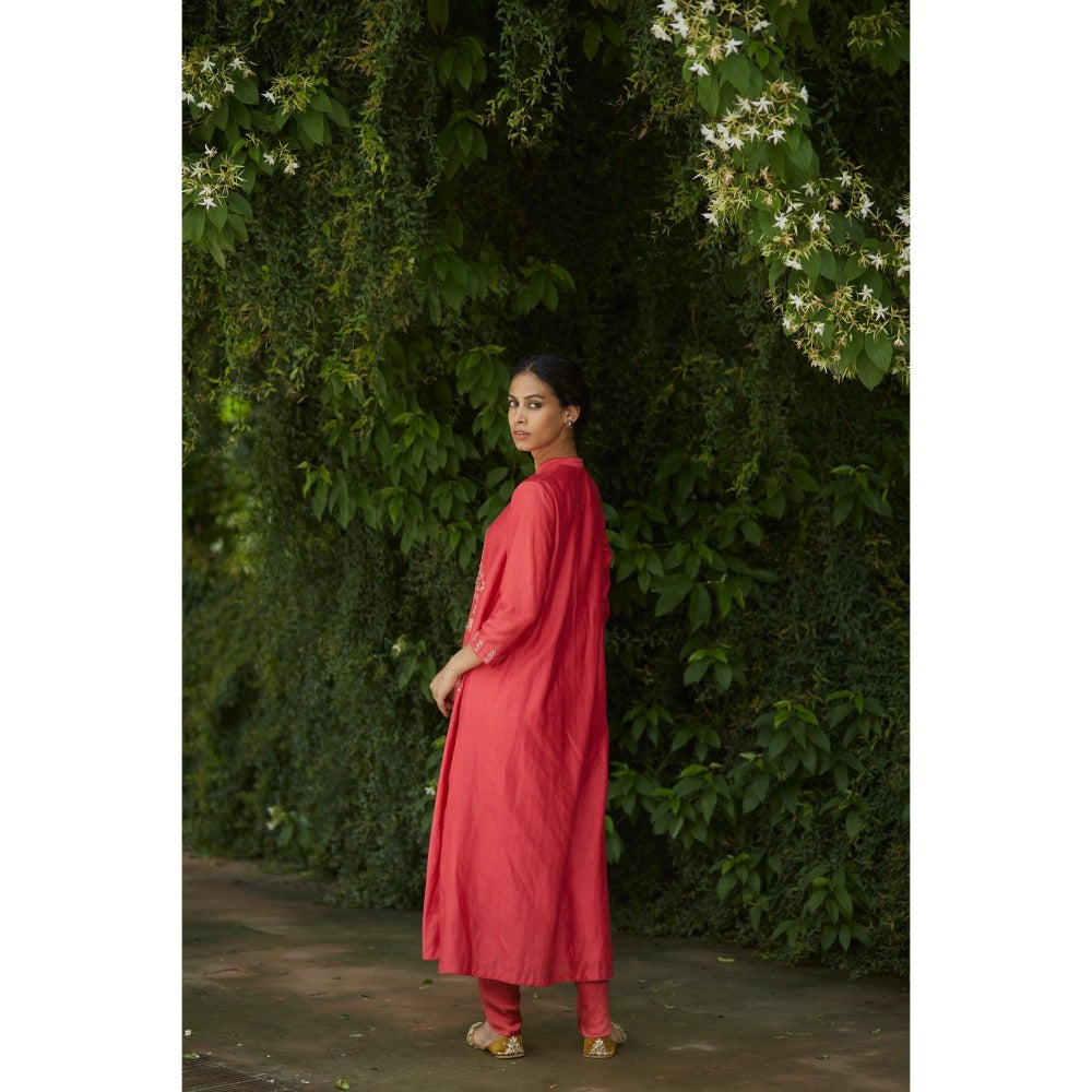 Vashisht Guru Dutt Coral Chanderi Embroidered Kurta with Dhoti (Set of 2)