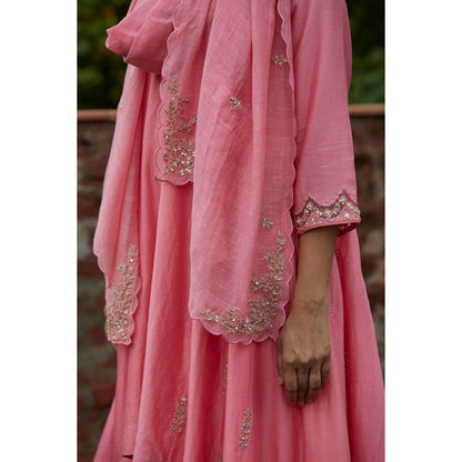 Vashisht Guru Dutt Pink Chanderi Kalidar High-Low Kurta with Crop Pant and Dupatta (Set of 3)