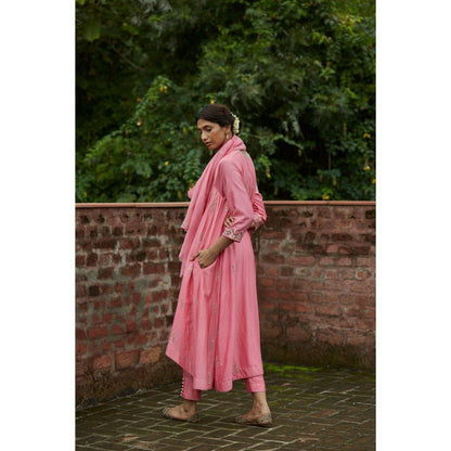 Vashisht Guru Dutt Pink Chanderi Kalidar High-Low Kurta with Crop Pant and Dupatta (Set of 3)