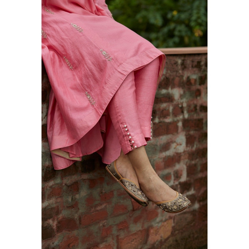 Vashisht Guru Dutt Pink Chanderi Kalidar High-Low Kurta with Crop Pant and Dupatta (Set of 3)