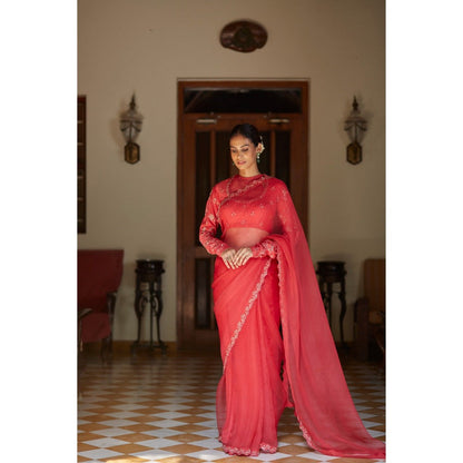 Vashisht Guru Dutt Pink Organza Scalloped Embroidered Saree with Stitched Blouse