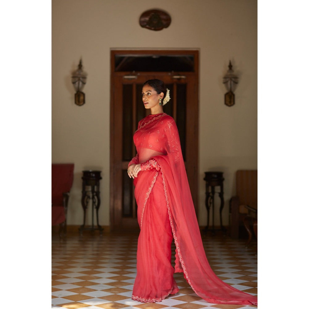 Vashisht Guru Dutt Pink Organza Scalloped Embroidered Saree with Stitched Blouse