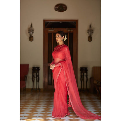 Vashisht Guru Dutt Pink Organza Scalloped Embroidered Saree with Stitched Blouse