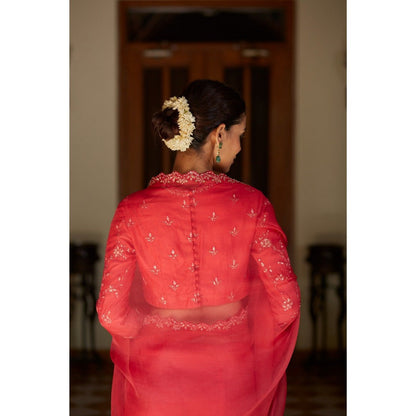 Vashisht Guru Dutt Pink Organza Scalloped Embroidered Saree with Stitched Blouse