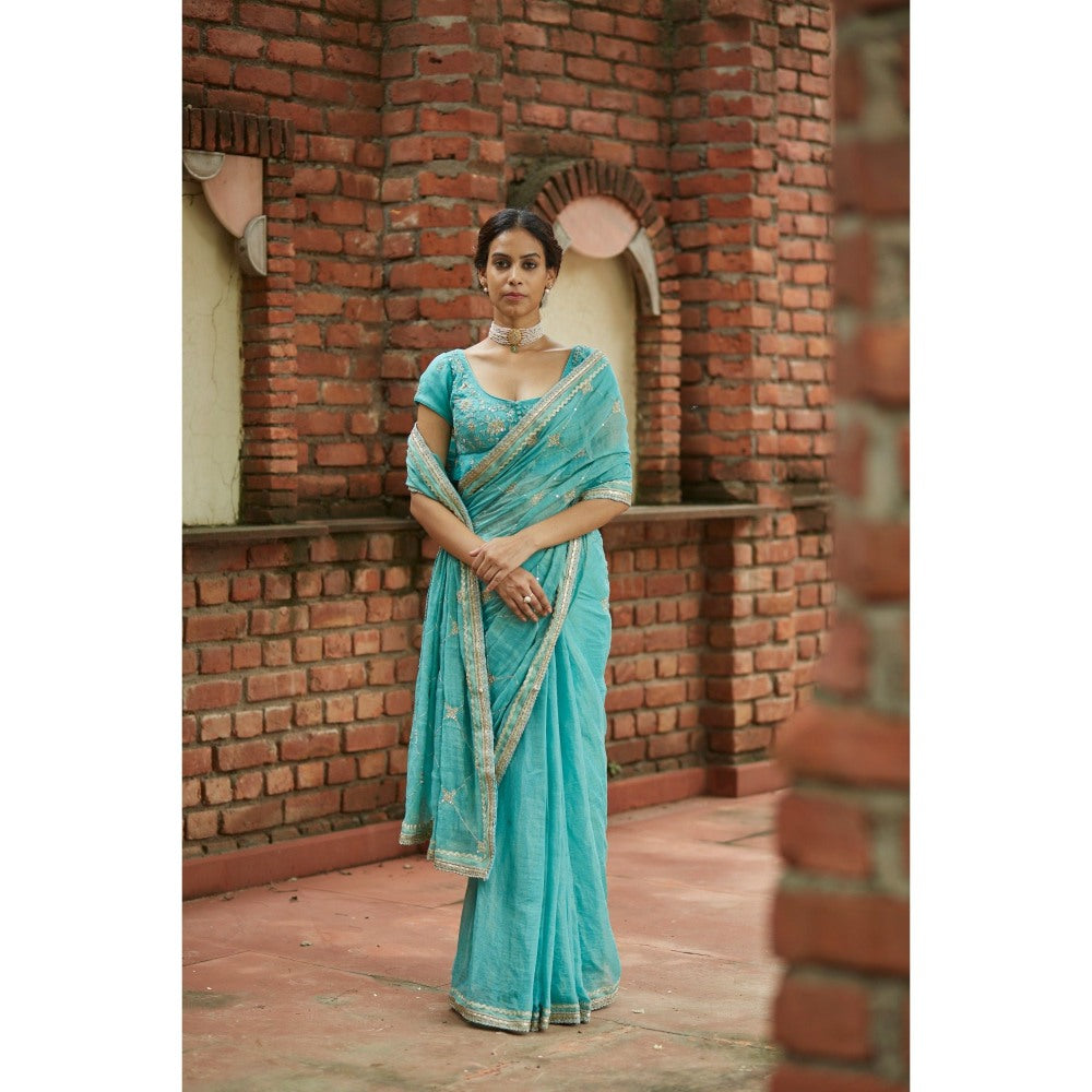 Vashisht Guru Dutt Blue Chanderi Silk Tissue Embroidered Saree with Stitched Blouse