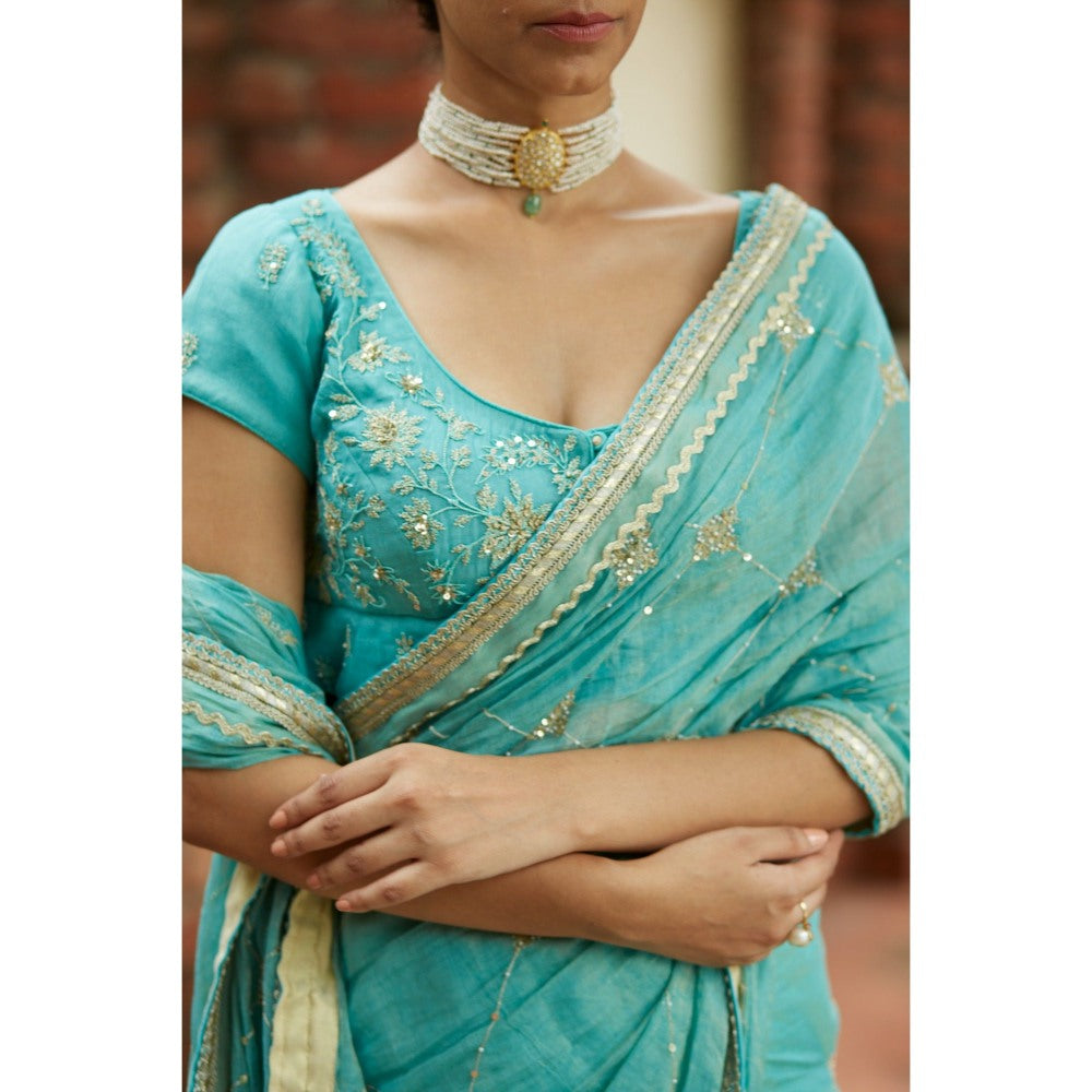 Vashisht Guru Dutt Blue Chanderi Silk Tissue Embroidered Saree with Stitched Blouse