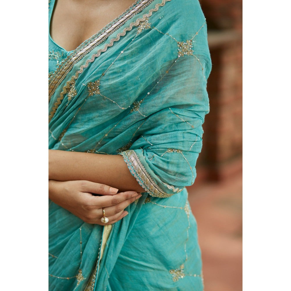 Vashisht Guru Dutt Blue Chanderi Silk Tissue Embroidered Saree with Stitched Blouse