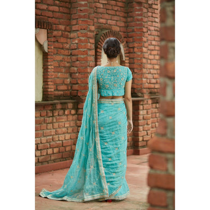 Vashisht Guru Dutt Blue Chanderi Silk Tissue Embroidered Saree with Stitched Blouse