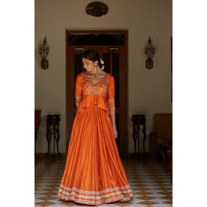Vashisht Guru Dutt Orange Embroidered Blouse with Lehenga and Dupatta (Set of 3)