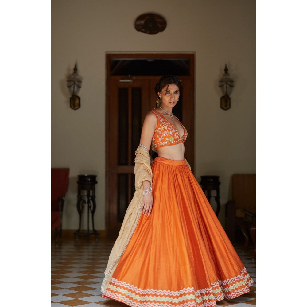 Vashisht Guru Dutt Orange Embroidered Blouse with Chanderi Lehenga and Dupatta (Set of 3)